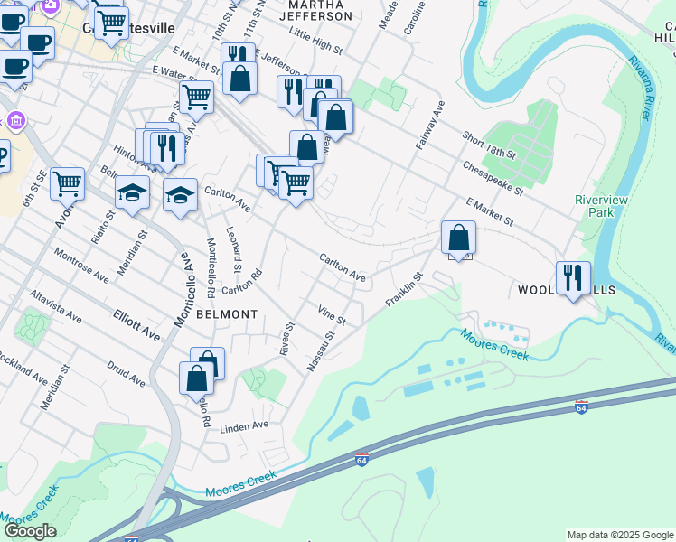 map of restaurants, bars, coffee shops, grocery stores, and more near 1414 Sunrise Park Lane in Charlottesville
