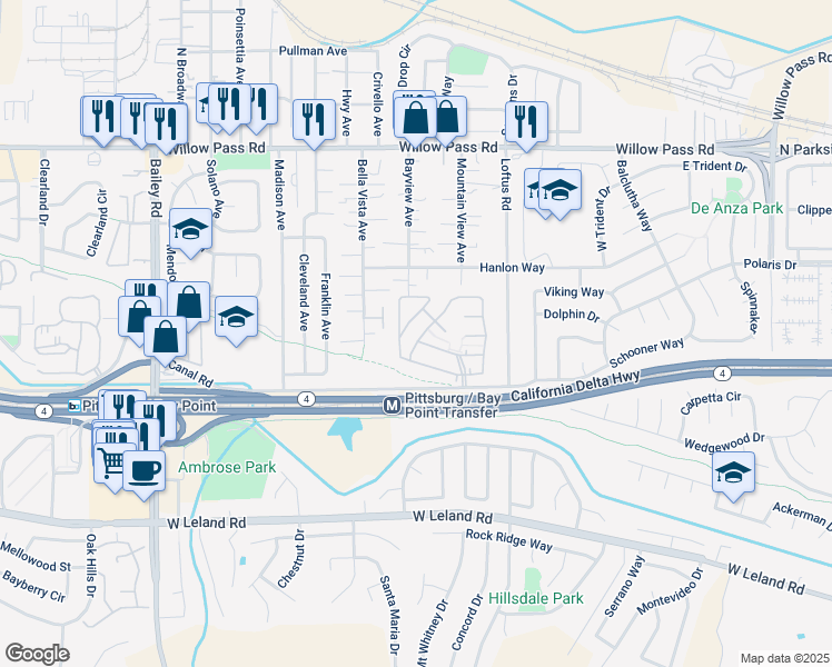 map of restaurants, bars, coffee shops, grocery stores, and more near 193 Maureen Circle in Bay Point