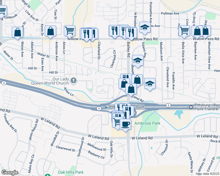 map of restaurants, bars, coffee shops, grocery stores, and more near 502 Lancaster Lane in Bay Point