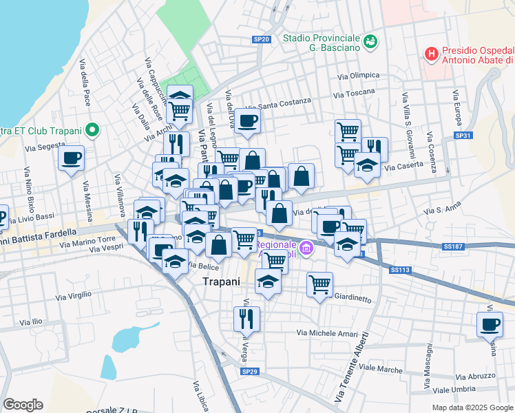 map of restaurants, bars, coffee shops, grocery stores, and more near 31 Vicolo Adragna in Trapani