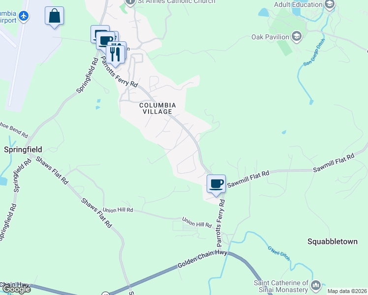 map of restaurants, bars, coffee shops, grocery stores, and more near 11436 Columbia Village Drive in Sonora