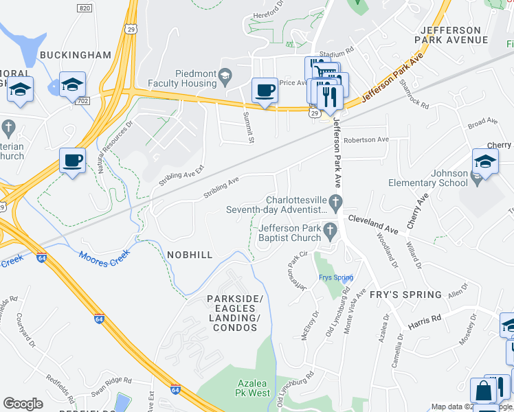 map of restaurants, bars, coffee shops, grocery stores, and more near 116 Morgan Court in Charlottesville