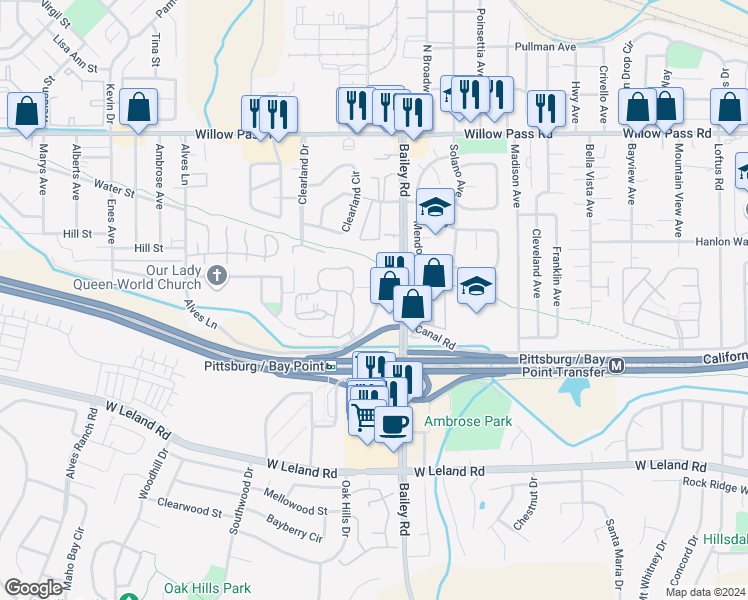 map of restaurants, bars, coffee shops, grocery stores, and more near 210 Amerson Avenue in Bay Point