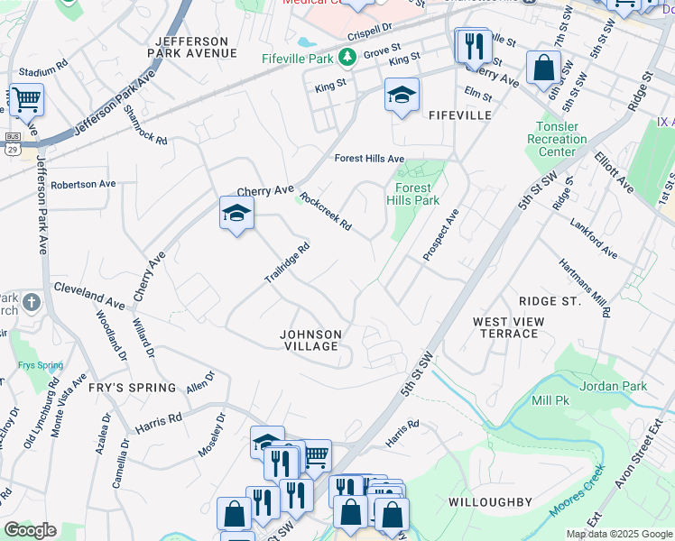 map of restaurants, bars, coffee shops, grocery stores, and more near 108 Elkhorn Road in Charlottesville