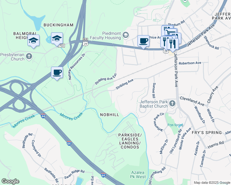 map of restaurants, bars, coffee shops, grocery stores, and more near 256 Stribling Avenue in Charlottesville