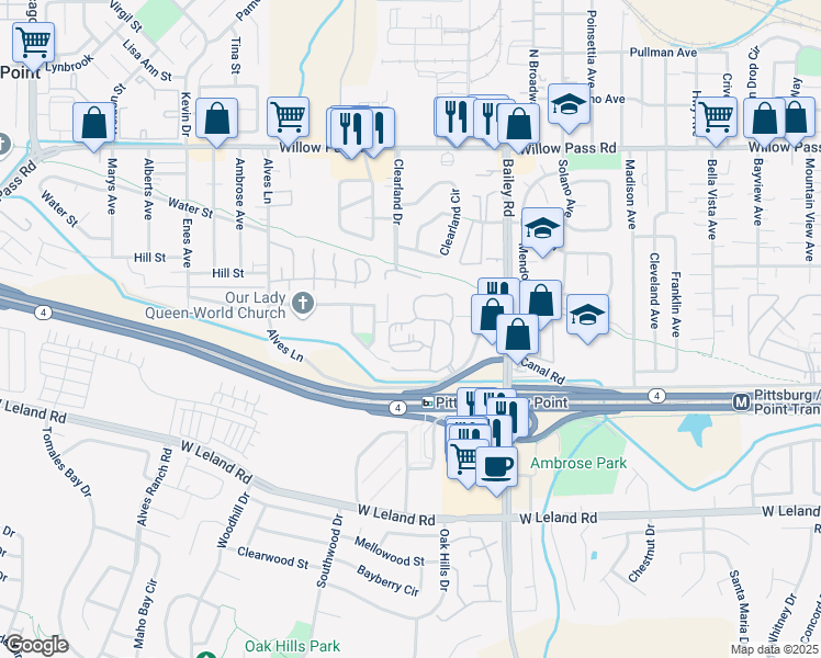 map of restaurants, bars, coffee shops, grocery stores, and more near 105 Lancaster Lane in Bay Point