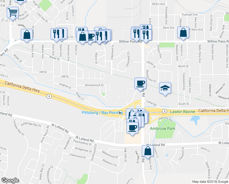map of restaurants, bars, coffee shops, grocery stores, and more near 6 Lancaster Lane in Bay Point