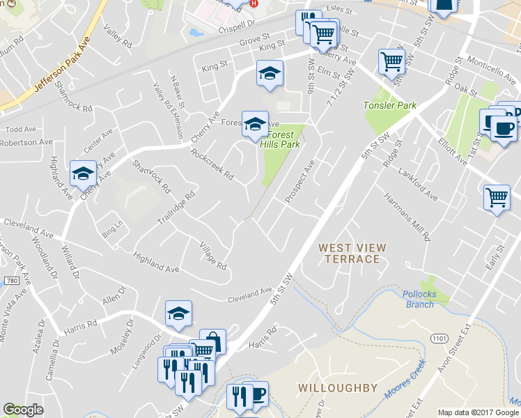 map of restaurants, bars, coffee shops, grocery stores, and more near 817 Orangedale Avenue in Charlottesville