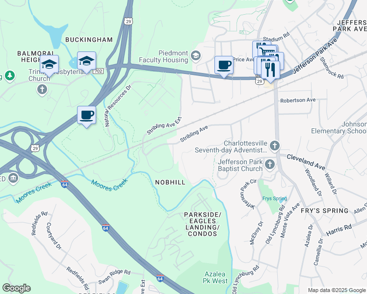 map of restaurants, bars, coffee shops, grocery stores, and more near 520 Nob Hill Circle in Charlottesville