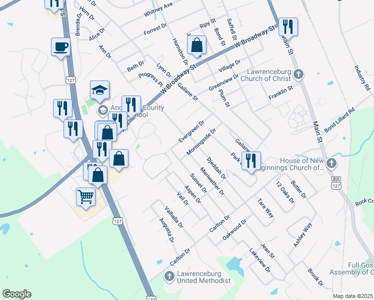 map of restaurants, bars, coffee shops, grocery stores, and more near 301 Sunset Drive in Lawrenceburg