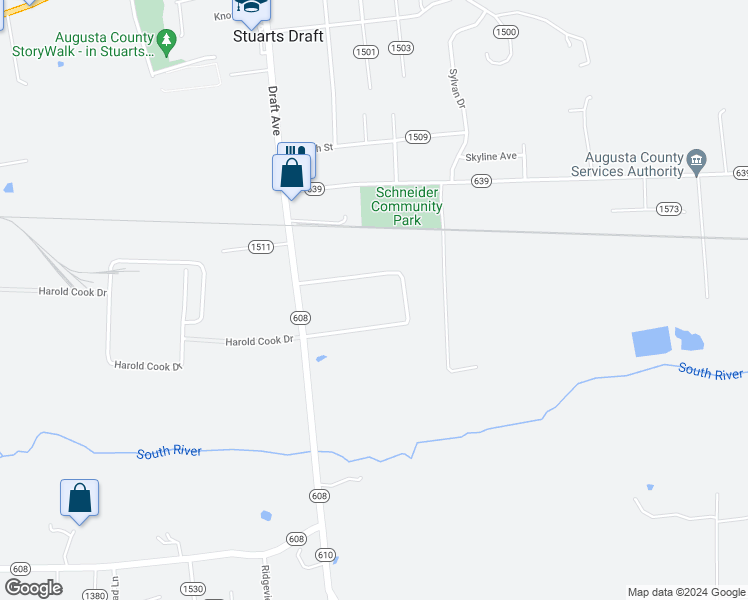 map of restaurants, bars, coffee shops, grocery stores, and more near 366 Draft Avenue in Stuarts Draft