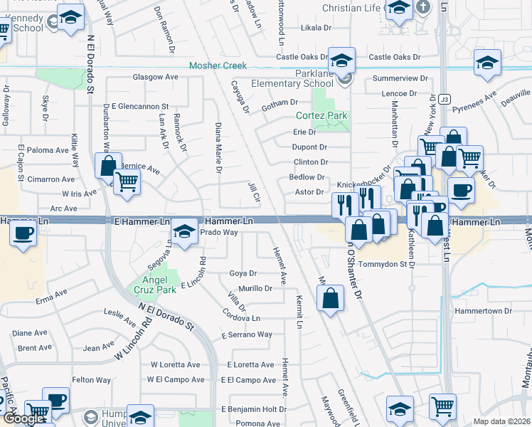 map of restaurants, bars, coffee shops, grocery stores, and more near 429 Jill Circle in Stockton