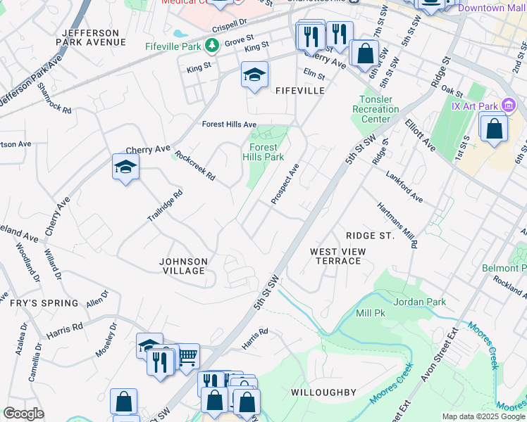 map of restaurants, bars, coffee shops, grocery stores, and more near 805 Prospect Avenue in Charlottesville