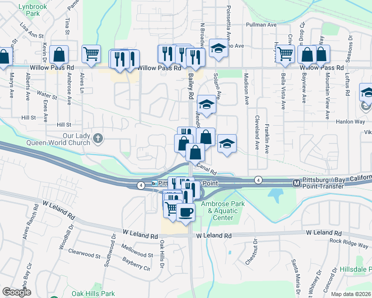 map of restaurants, bars, coffee shops, grocery stores, and more near 214 Bailey Road in Bay Point