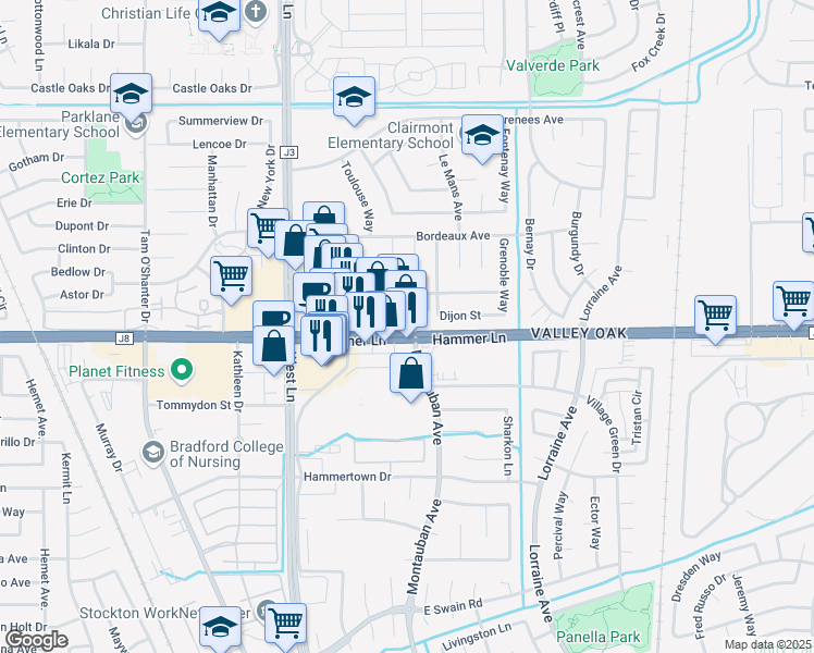 map of restaurants, bars, coffee shops, grocery stores, and more near 1862 East Hammer Lane in Stockton