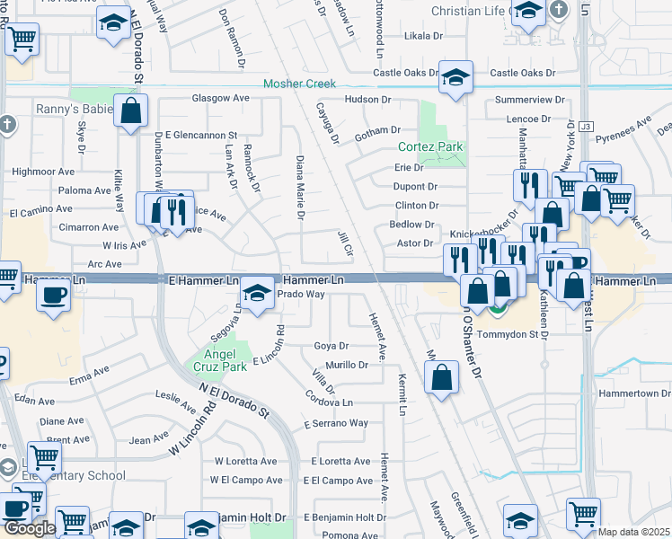 map of restaurants, bars, coffee shops, grocery stores, and more near 453 Jill Circle in Stockton