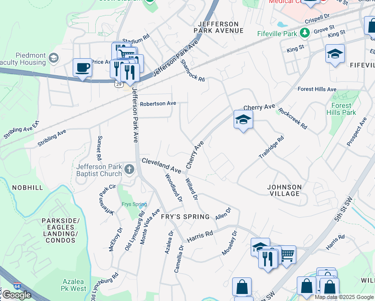 map of restaurants, bars, coffee shops, grocery stores, and more near 1655 Mulberry Avenue in Charlottesville