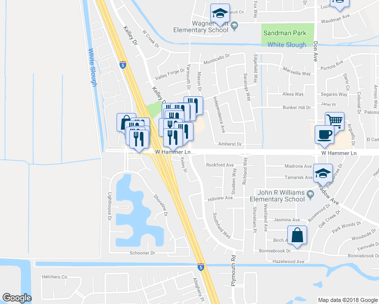 map of restaurants, bars, coffee shops, grocery stores, and more near 3205 Kelley Drive in Stockton