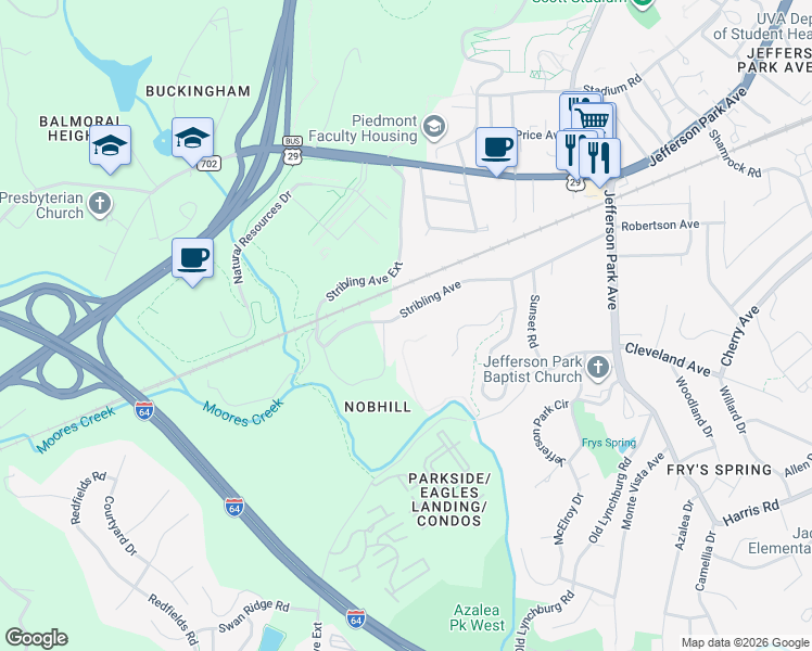 map of restaurants, bars, coffee shops, grocery stores, and more near 253 Stribling Avenue in Charlottesville
