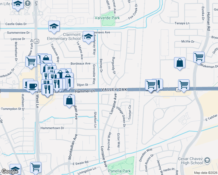 map of restaurants, bars, coffee shops, grocery stores, and more near 8009 Champagne Drive in Stockton
