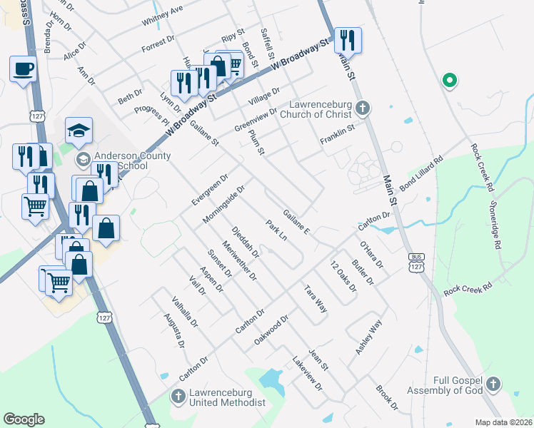 map of restaurants, bars, coffee shops, grocery stores, and more near 228 Gailane Street in Lawrenceburg