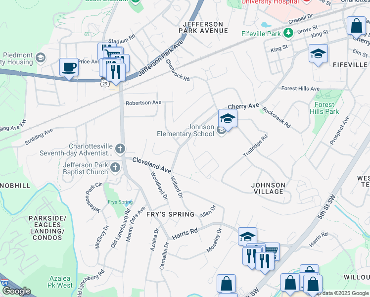 map of restaurants, bars, coffee shops, grocery stores, and more near 600 Rainier Road in Charlottesville