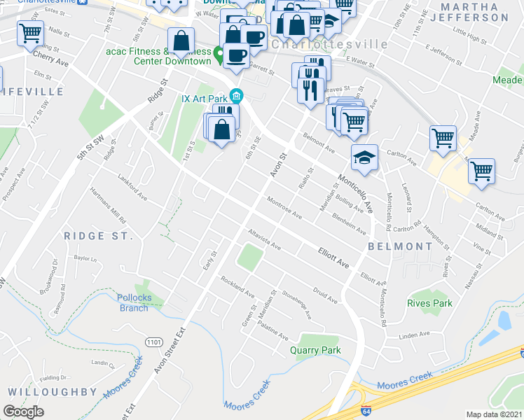 map of restaurants, bars, coffee shops, grocery stores, and more near 703 Elliott Avenue in Charlottesville
