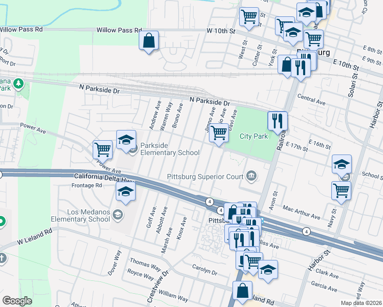 map of restaurants, bars, coffee shops, grocery stores, and more near 203 Rose Ann Avenue in Pittsburg