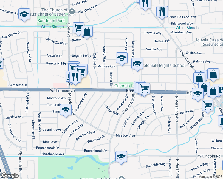 map of restaurants, bars, coffee shops, grocery stores, and more near West Hammer Lane in Stockton