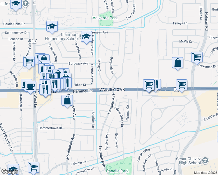 map of restaurants, bars, coffee shops, grocery stores, and more near 8009 Champagne Drive in Stockton