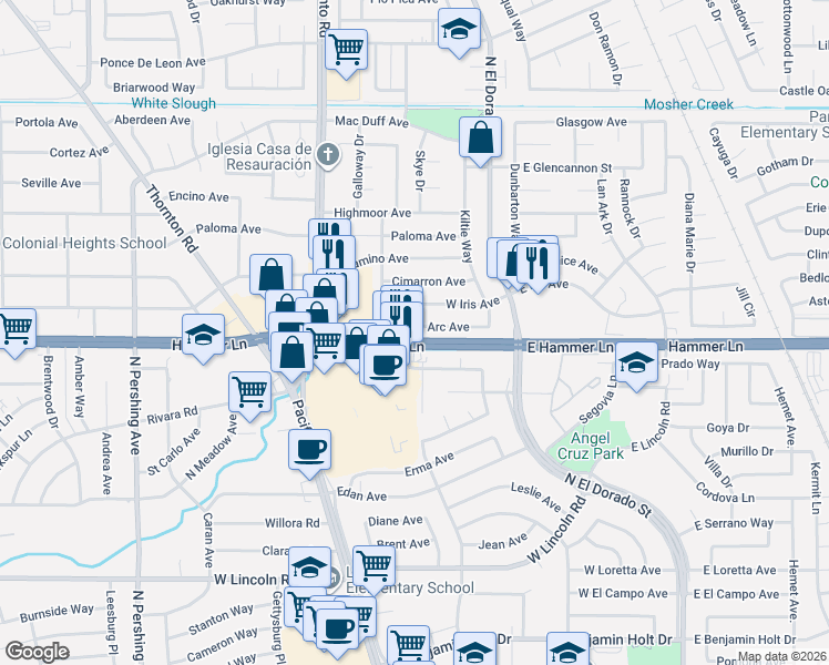 map of restaurants, bars, coffee shops, grocery stores, and more near 522 West Iris Avenue in Stockton
