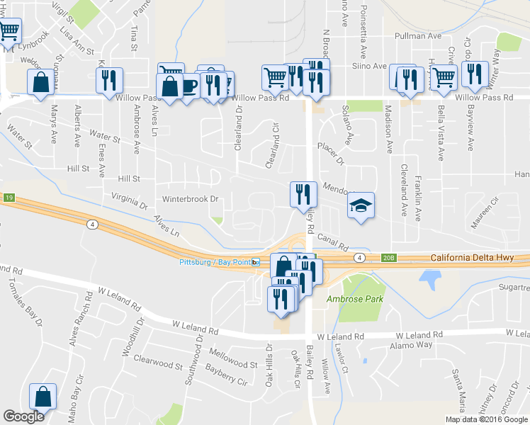 map of restaurants, bars, coffee shops, grocery stores, and more near 522 Lancaster Lane in Bay Point