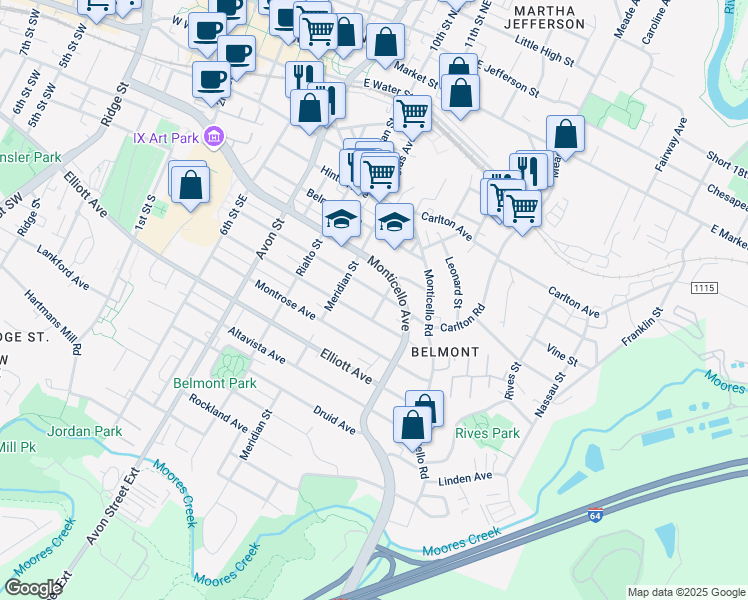 map of restaurants, bars, coffee shops, grocery stores, and more near 911 Bolling Avenue in Charlottesville