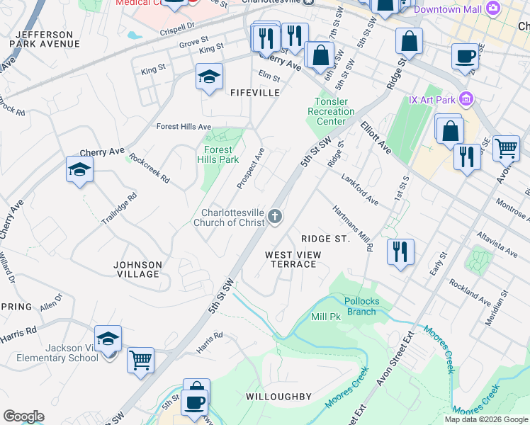 map of restaurants, bars, coffee shops, grocery stores, and more near 834 Prospect Avenue in Charlottesville