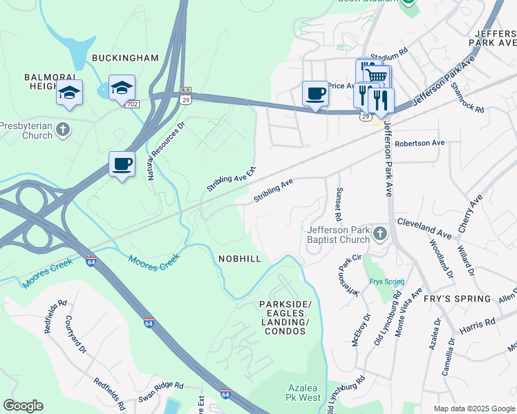 map of restaurants, bars, coffee shops, grocery stores, and more near 253 Stribling Avenue in Charlottesville
