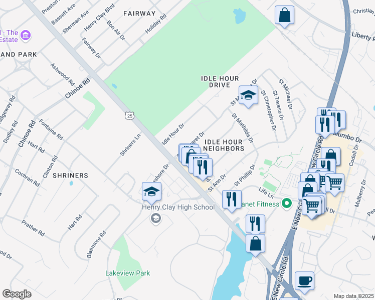 map of restaurants, bars, coffee shops, grocery stores, and more near 125 Saint Margaret Drive in Lexington