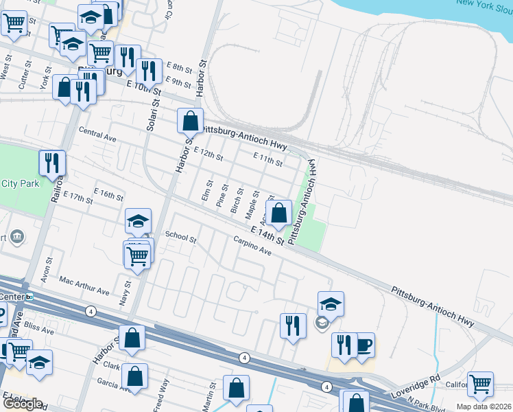 map of restaurants, bars, coffee shops, grocery stores, and more near 794 Central Avenue in Pittsburg