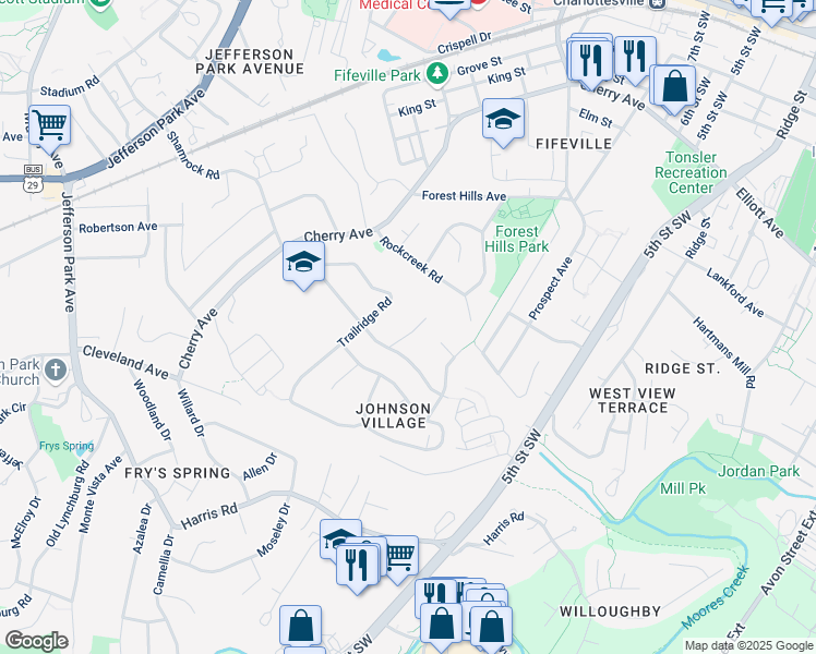 map of restaurants, bars, coffee shops, grocery stores, and more near 107 Elkhorn Road in Charlottesville