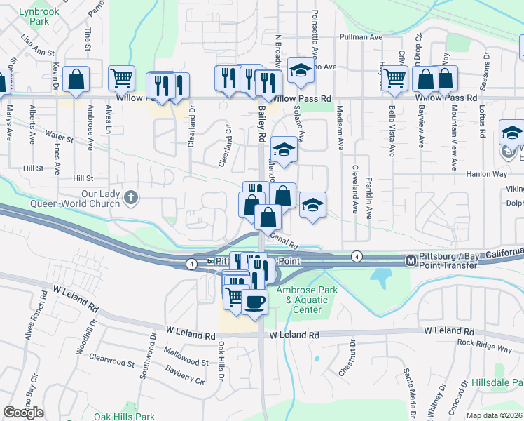 map of restaurants, bars, coffee shops, grocery stores, and more near 214 Bailey Road in Bay Point