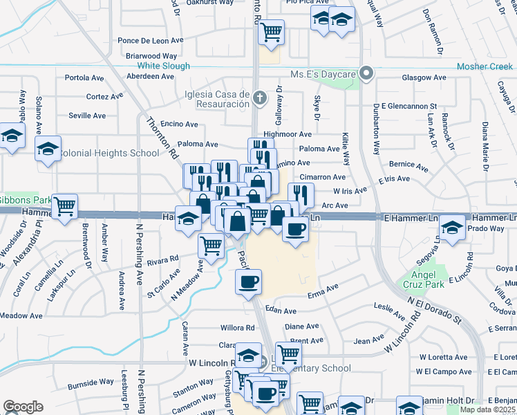 map of restaurants, bars, coffee shops, grocery stores, and more near 7920 North Lower Sacramento Road in Stockton