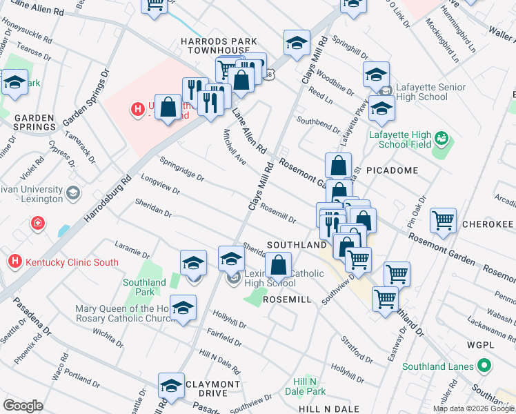 map of restaurants, bars, coffee shops, grocery stores, and more near 2046 Clays Mill Road in Lexington