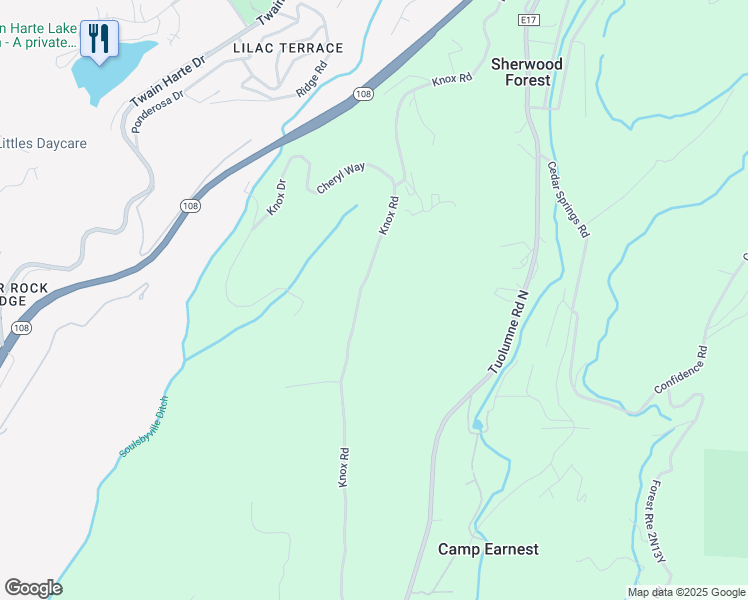 map of restaurants, bars, coffee shops, grocery stores, and more near 22049 Knox Road in Twain Harte