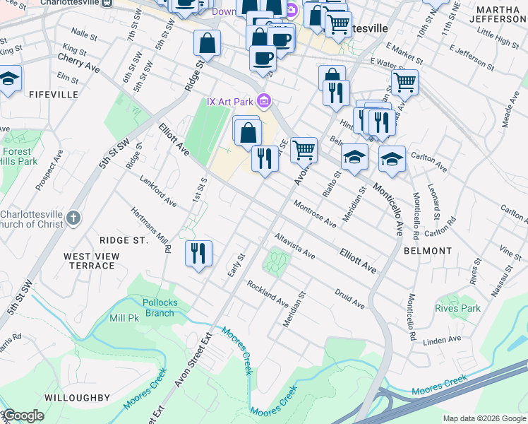 map of restaurants, bars, coffee shops, grocery stores, and more near 1017 6th Street Southeast in Charlottesville