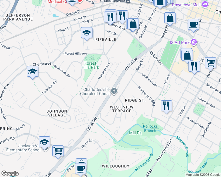 map of restaurants, bars, coffee shops, grocery stores, and more near 834 Prospect Avenue in Charlottesville