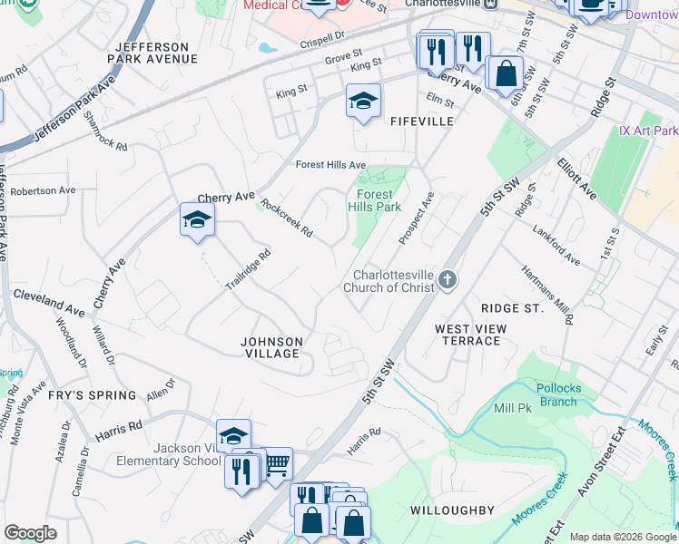map of restaurants, bars, coffee shops, grocery stores, and more near 716 Rockcreek Road in Charlottesville