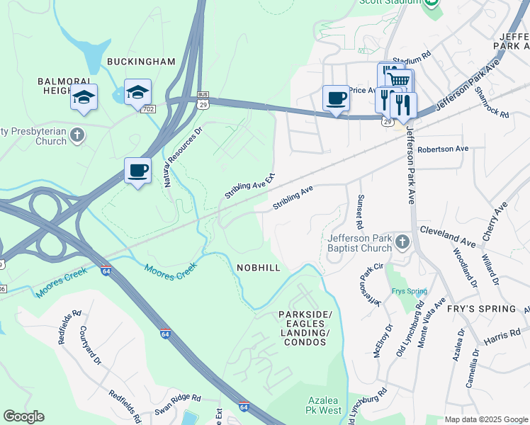 map of restaurants, bars, coffee shops, grocery stores, and more near 253 Stribling Avenue in Charlottesville