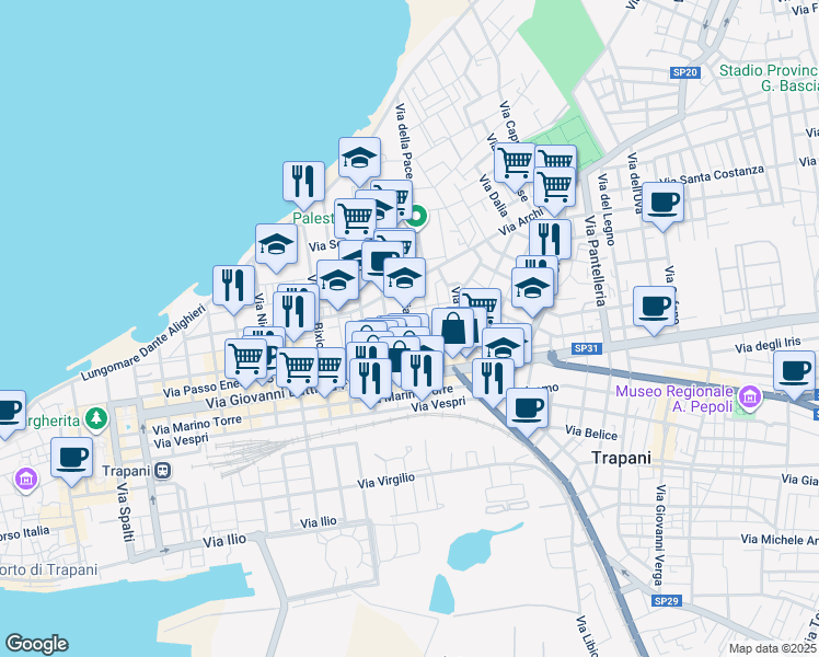 map of restaurants, bars, coffee shops, grocery stores, and more near 51 Via Messina in Trapani