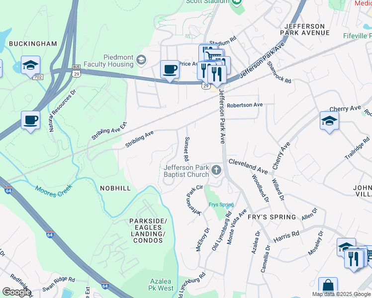 map of restaurants, bars, coffee shops, grocery stores, and more near Sunset Road in Charlottesville