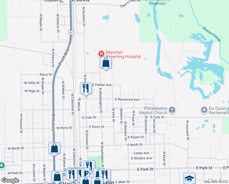 map of restaurants, bars, coffee shops, grocery stores, and more near 634 North Vine Street in Du Quoin