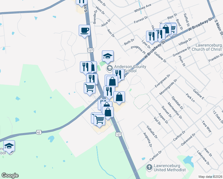 map of restaurants, bars, coffee shops, grocery stores, and more near 753 West Broadway Street in Lawrenceburg